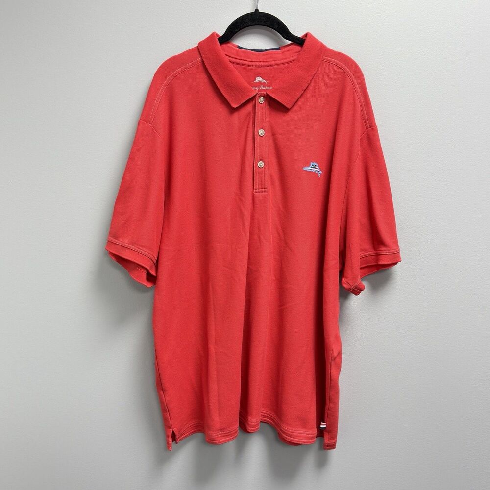 Men Tommy Bahama Red Polo Shirt 2XB American Flag Marlin Fish Logo Short Sleeve